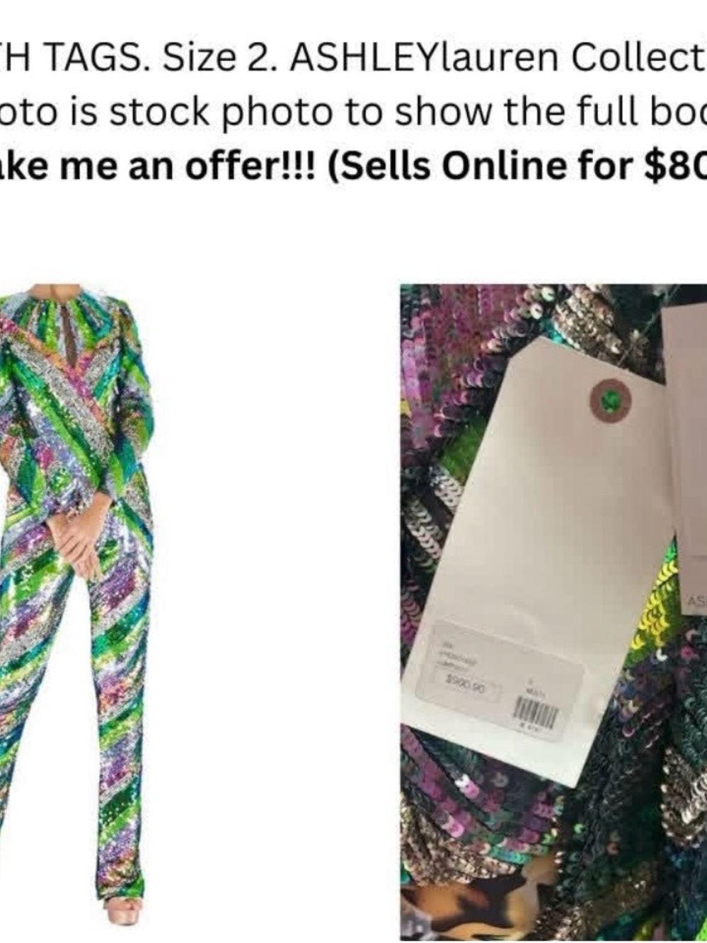 Ashley Lauren Multicolor Sequin Long-Sleeve Jumpsuit